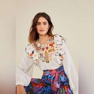 FARM Rio White Embroidered Fall Leaf Blouse